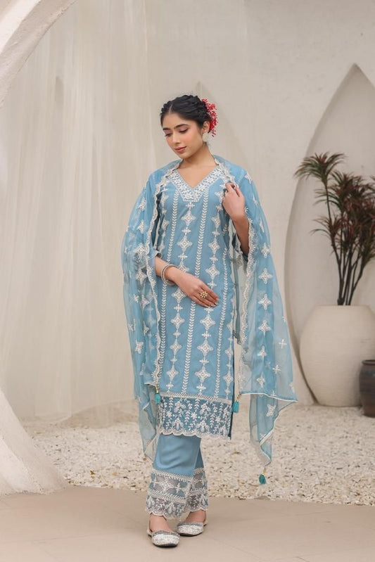 LIGHT BLUE RAYON COTTON EMBROIDERED SUIT SET