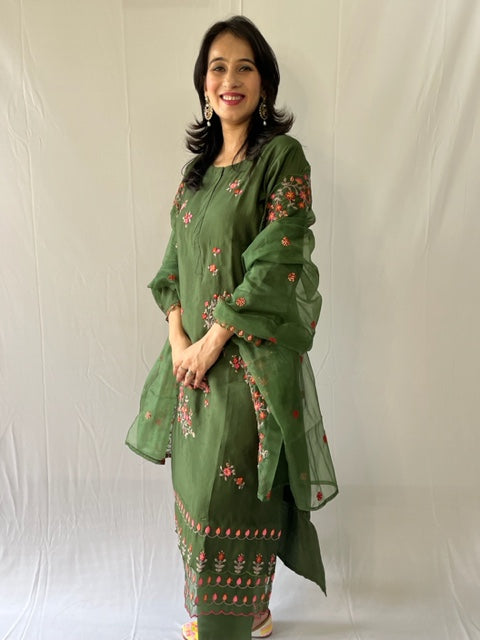 GREEN COTTON HAND EMBROIDERED SUIT SET