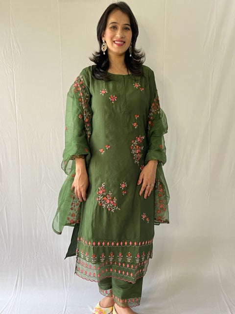 GREEN COTTON HAND EMBROIDERED SUIT SET
