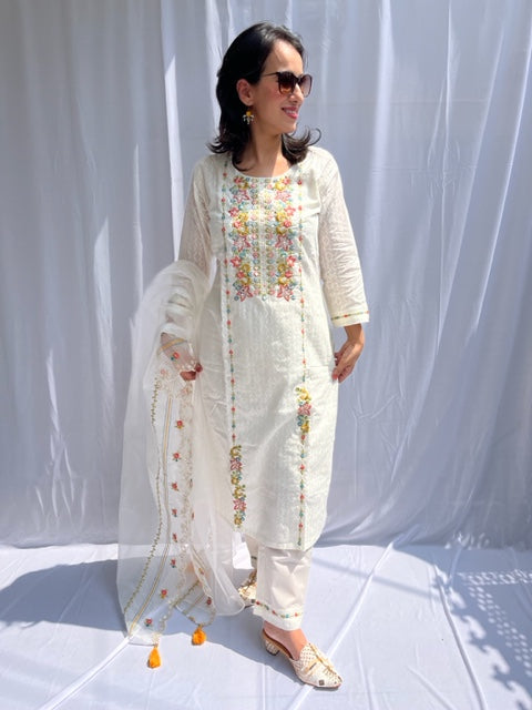 WHITE COTTON HAND EMBROIDERED SUIT SET