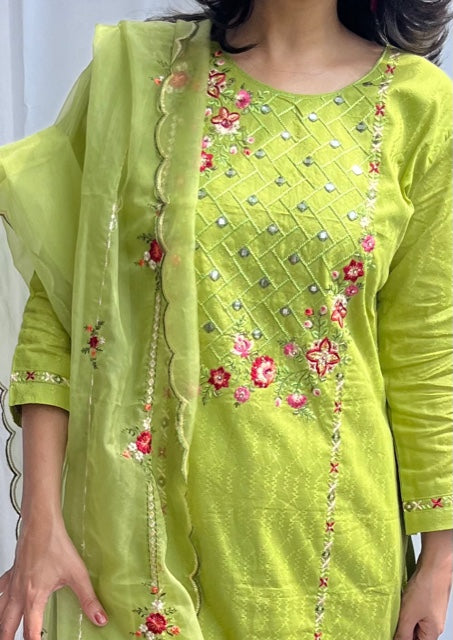 LIME GREEN COTTON HAND EMBROIDERED SUIT SET