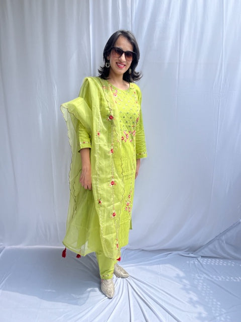 LIME GREEN COTTON HAND EMBROIDERED SUIT SET