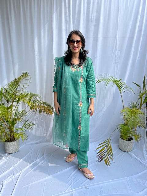 PINE GREEN COTTON HAND EMBROIDERED SUIT SET