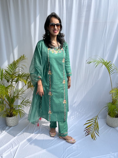 PINE GREEN COTTON HAND EMBROIDERED SUIT SET