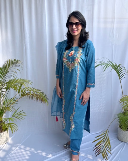 CLASSIC BLUE COTTON HAND EMBROIDERED SUIT SET