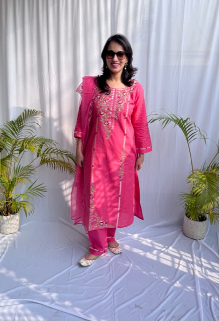 HOT PINK COTTON HAND EMBROIDERED SUIT SET