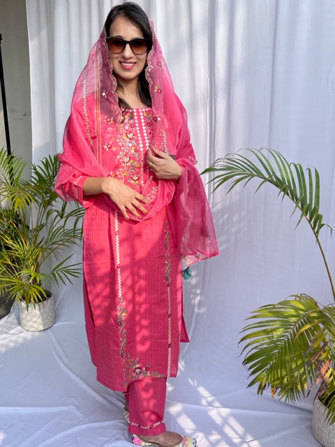 HOT PINK COTTON HAND EMBROIDERED SUIT SET