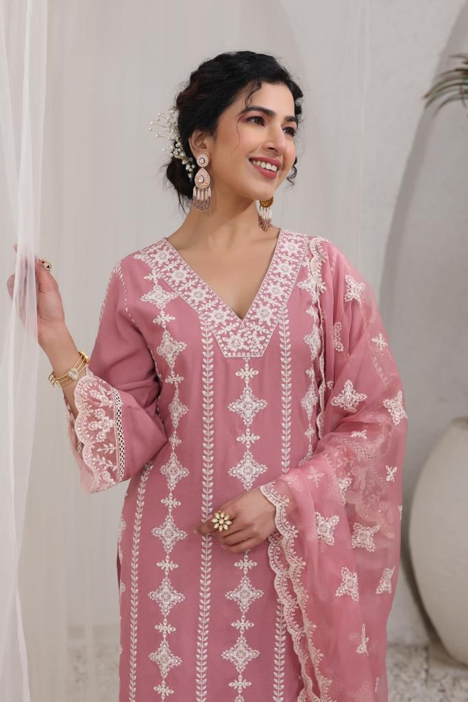 PEACH RAYON COTTON EMBROIDERED SUIT SET