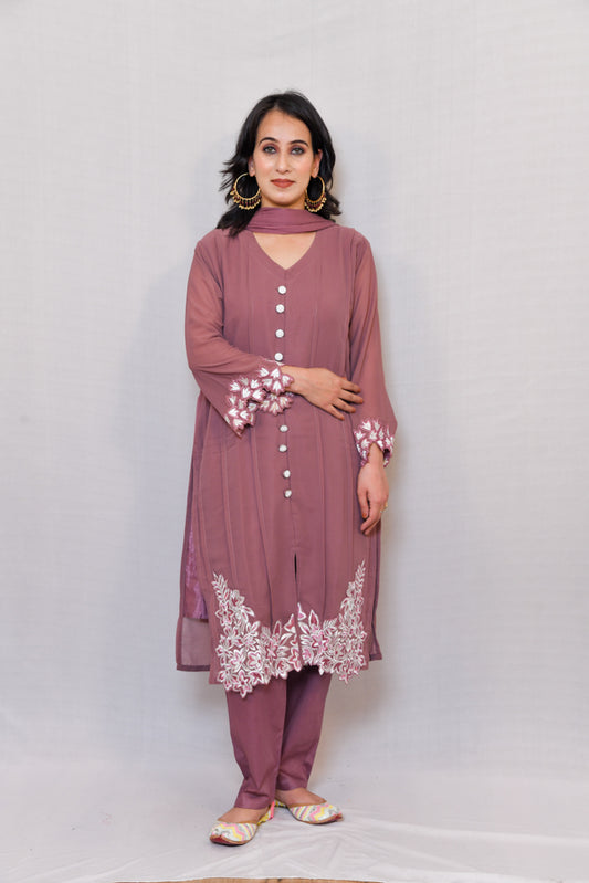 ONION PINK PURE GEORGETTE CUTWORK SUIT SET